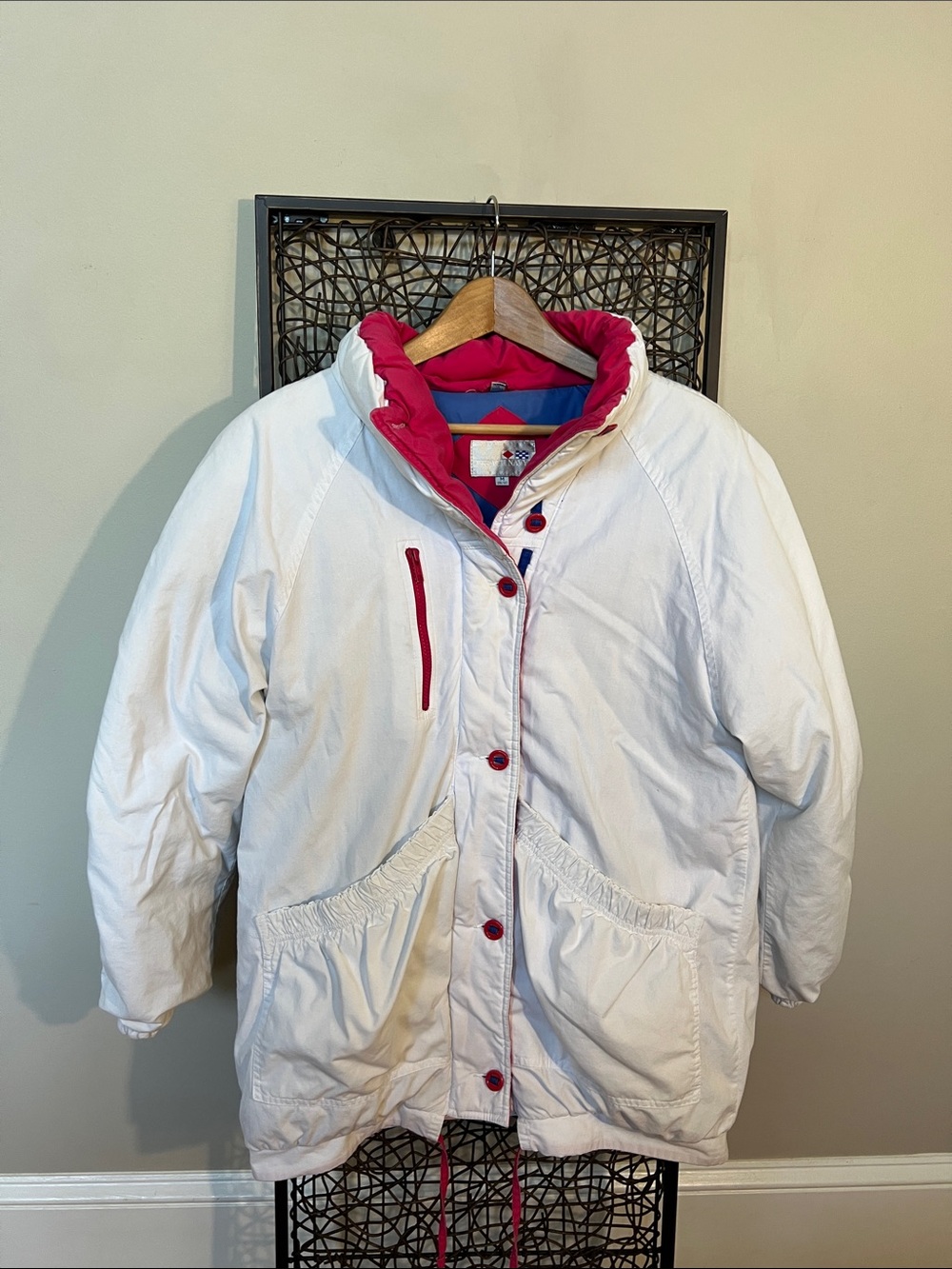 vintage French Navy 80s 90s jacket ski snowboard white hot pink blue retro M